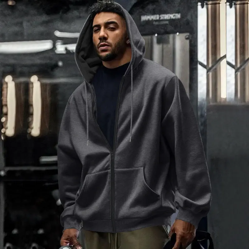 Men's fleece-lined loose drawstring hooded zip-up sweater in six colour options and sizes S to XXXL