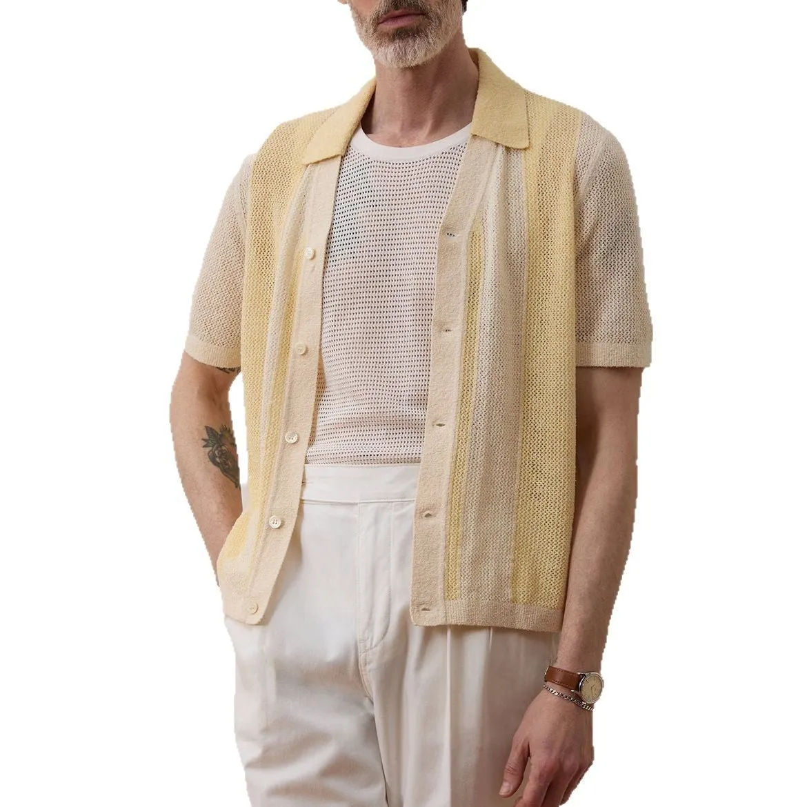 Yellow casual polo shirt with hollow-out asymmetric design and short sleeves in Tencel fabric