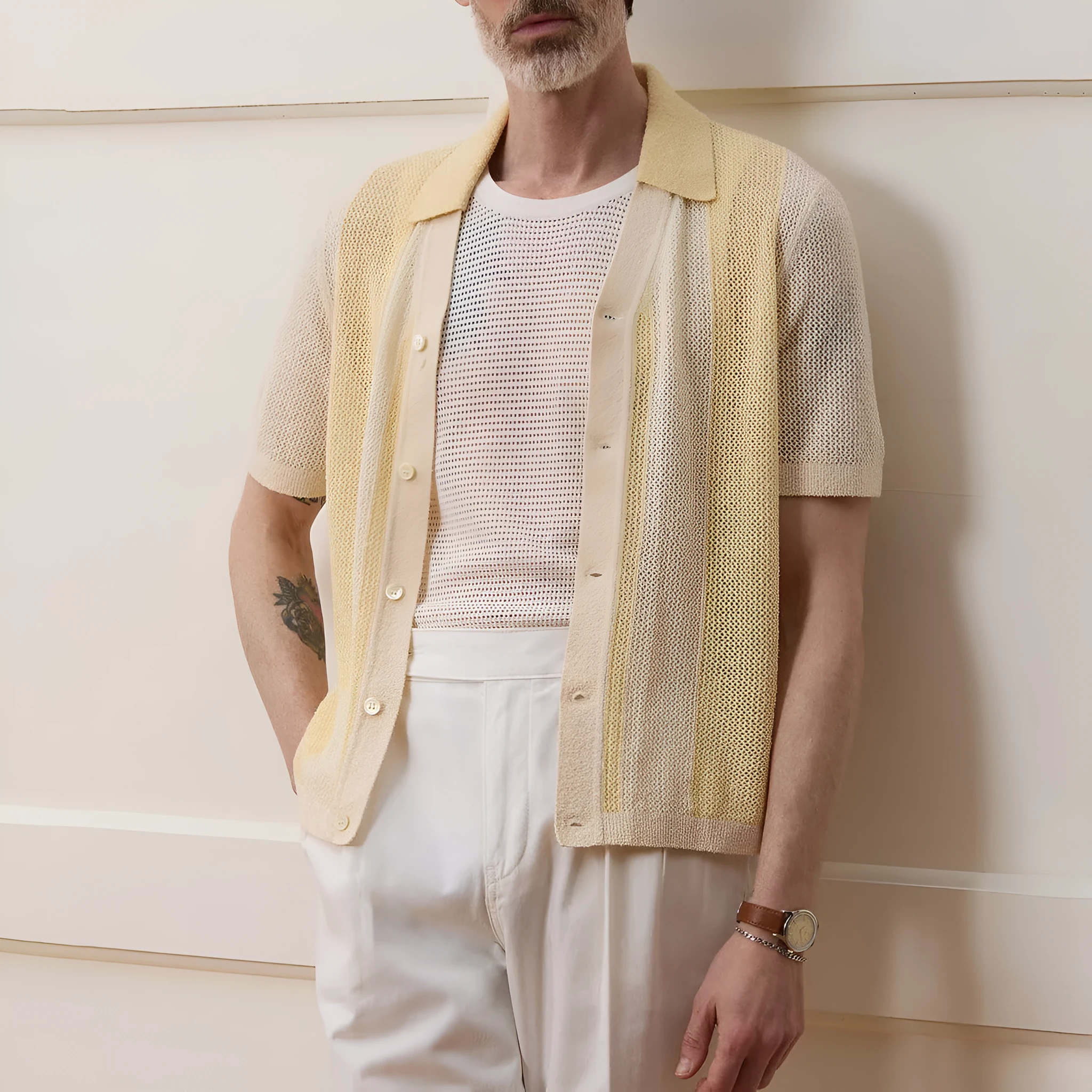 Yellow casual polo shirt with hollow-out asymmetric design and short sleeves in Tencel fabric