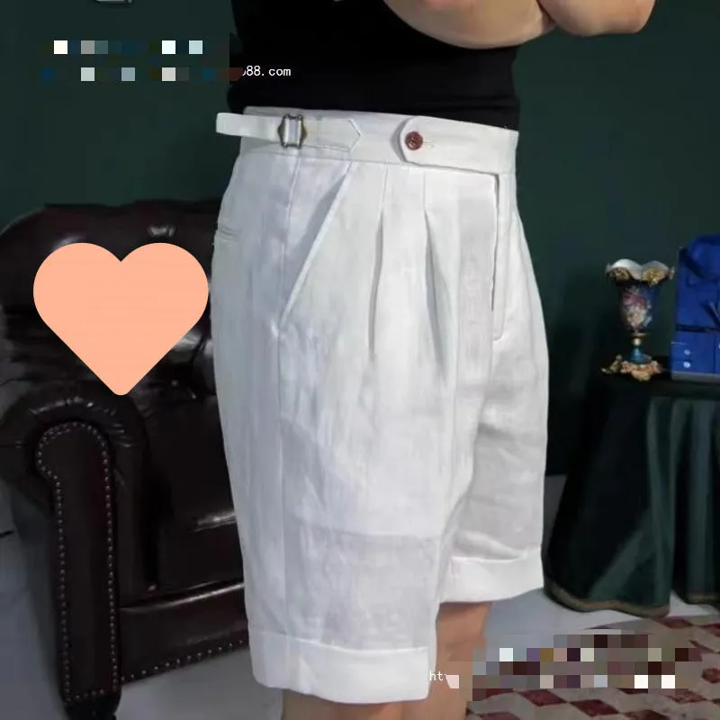 Men's linen blend double waist cuffed shorts in white, side view showing cuffed hem and relaxed fit