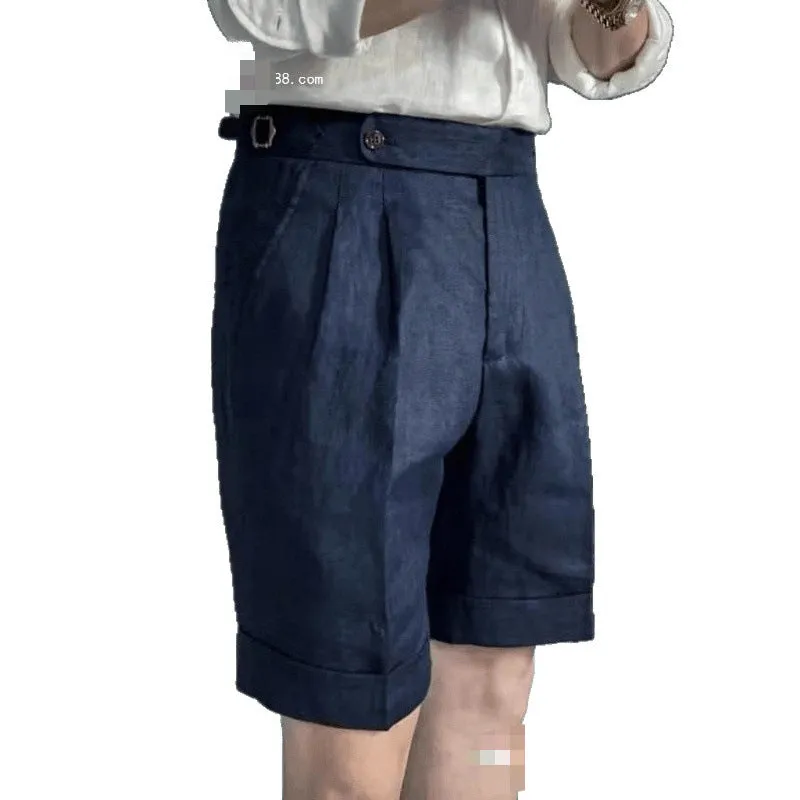 Men's linen blend double waist cuffed shorts in white, side view showing cuffed hem and relaxed fit
