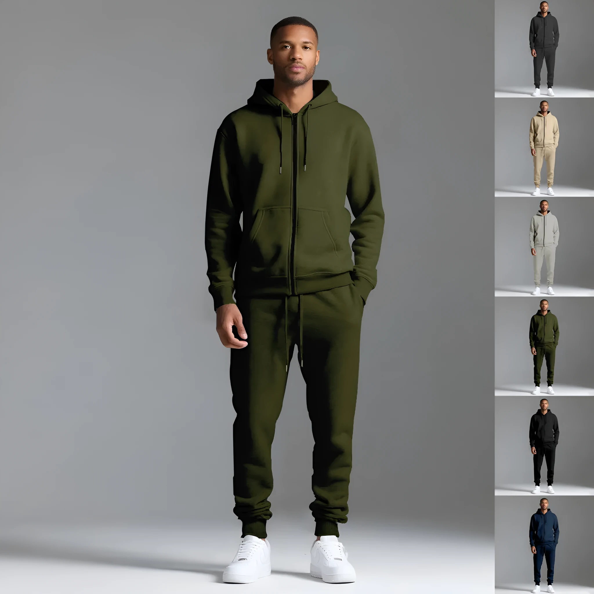 Men's solid colour long-sleeve hooded sportswear set with matching jacket and pants in black cotton polyester blend