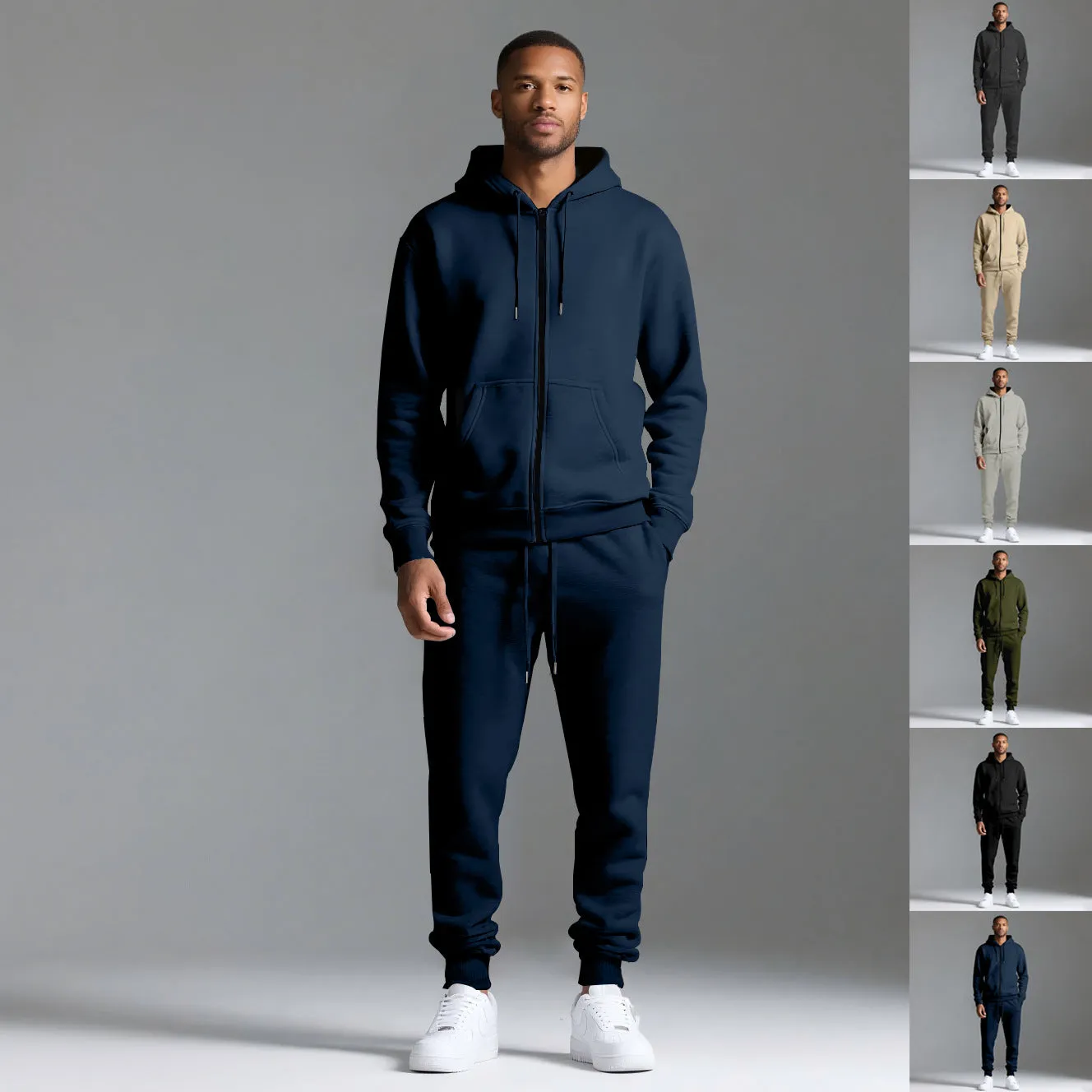 Men's solid colour long-sleeve hooded sportswear set with matching jacket and pants in black cotton polyester blend