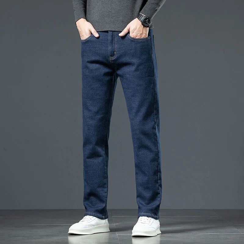 Men's loose straight fleece-lined jeans in black with lamb fleece lining, chenille fabric, sizes 29-48