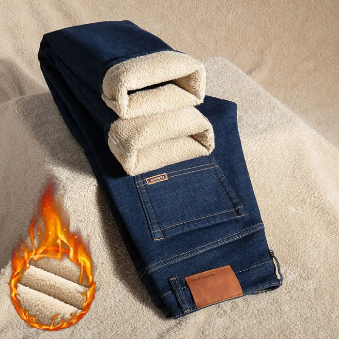 Men's loose straight fleece-lined jeans in black with lamb fleece lining, chenille fabric, sizes 29-48
