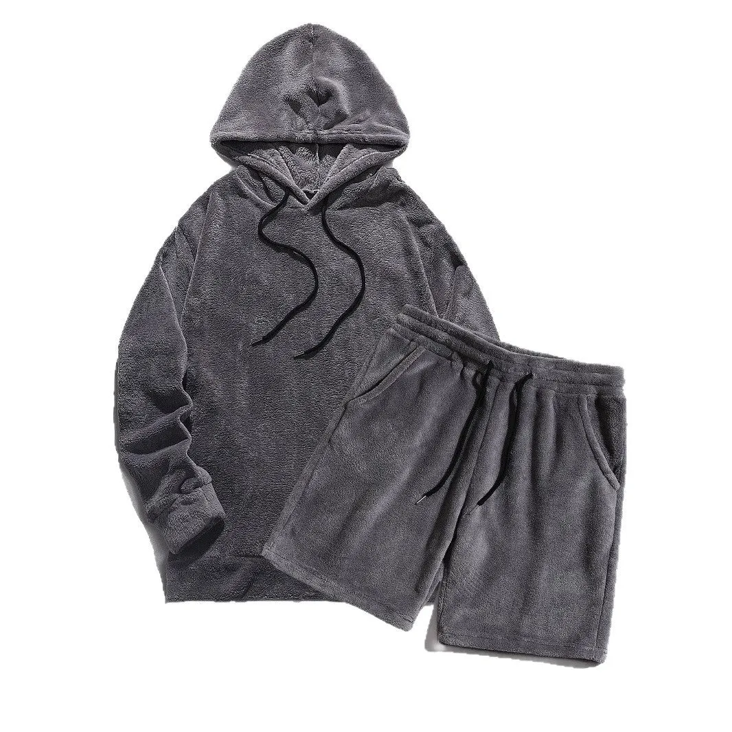 Plus size men's hooded coral fleece sweatshirt and shorts set in gray, 2XL size