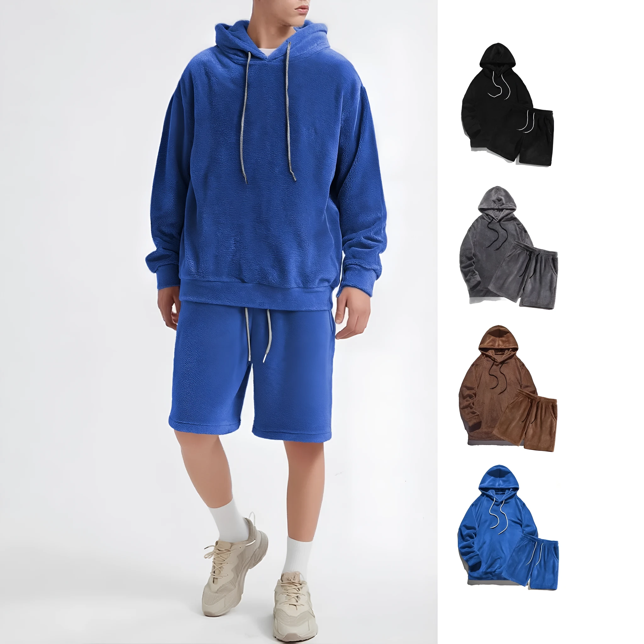Plus size men's hooded coral fleece sweatshirt and shorts set in gray, 2XL size