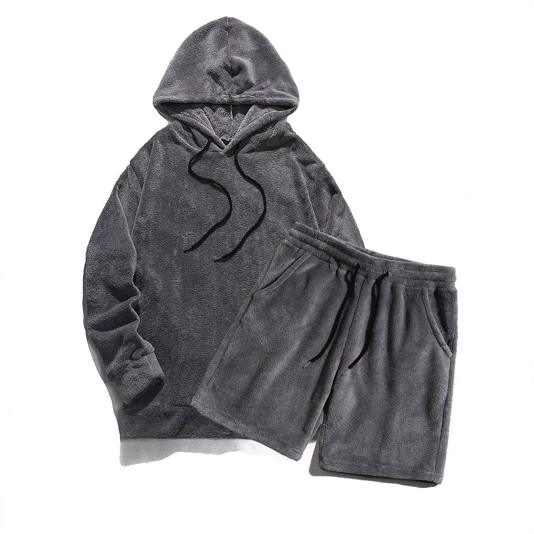 Plus size men's hooded coral fleece sweatshirt and shorts set in gray, 2XL size