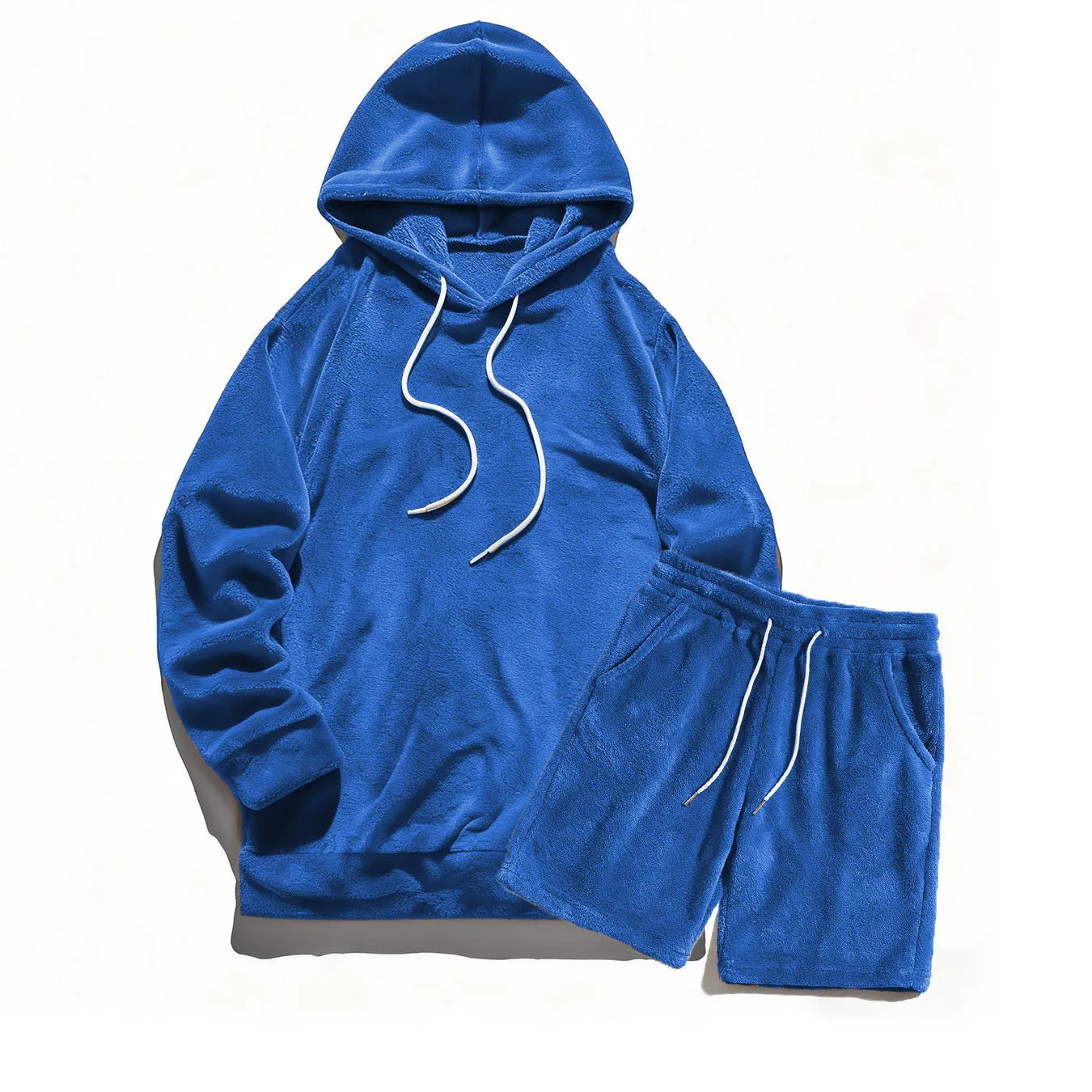 Plus size men's hooded coral fleece sweatshirt and shorts set in gray, 2XL size