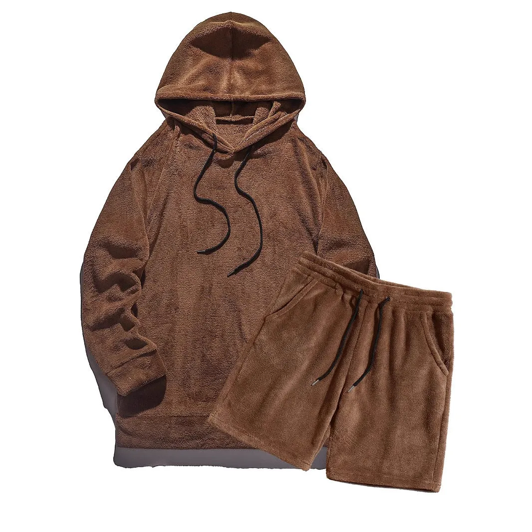 Plus size men's hooded coral fleece sweatshirt and shorts set in gray, 2XL size