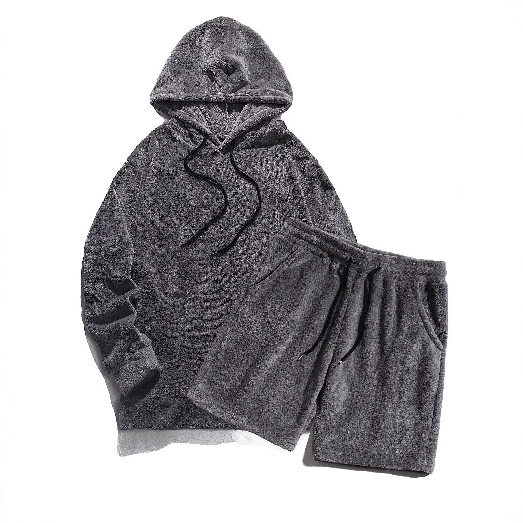 Plus size men's hooded coral fleece sweatshirt and shorts set in gray, 2XL size