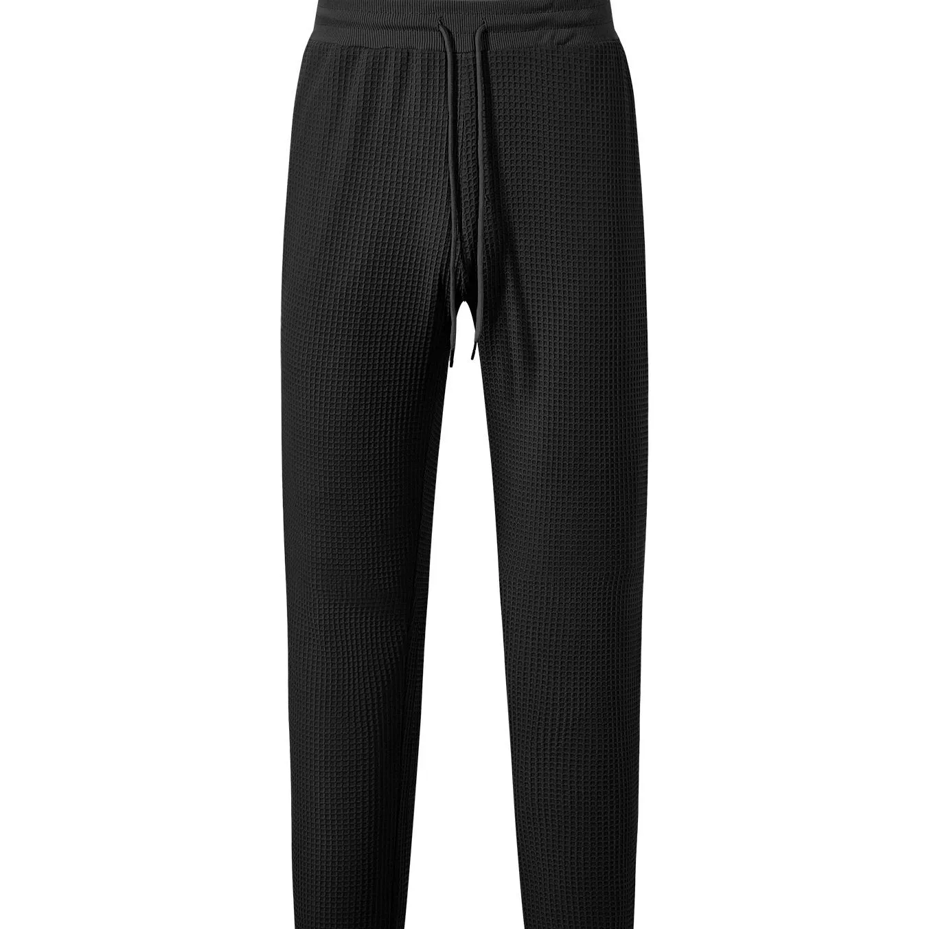 Men's casual loose solid colour drawstring pants in waffle knit polyester, front view