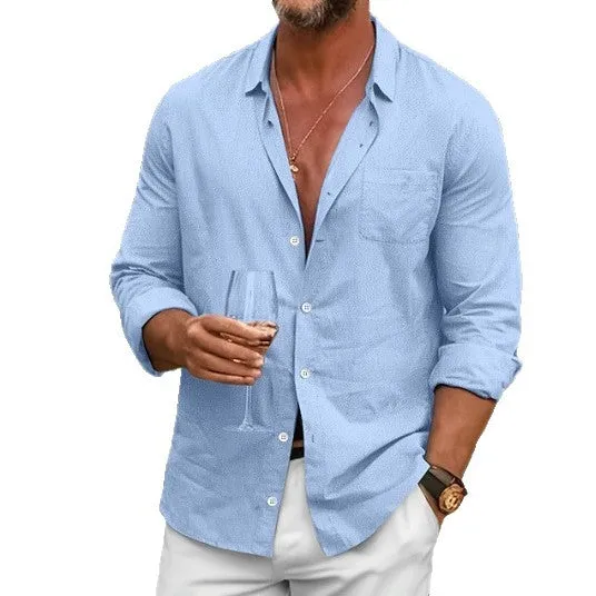 Men's loose plus size linen cotton solid colour casual shirt in khaki with long sleeves and lapel collar