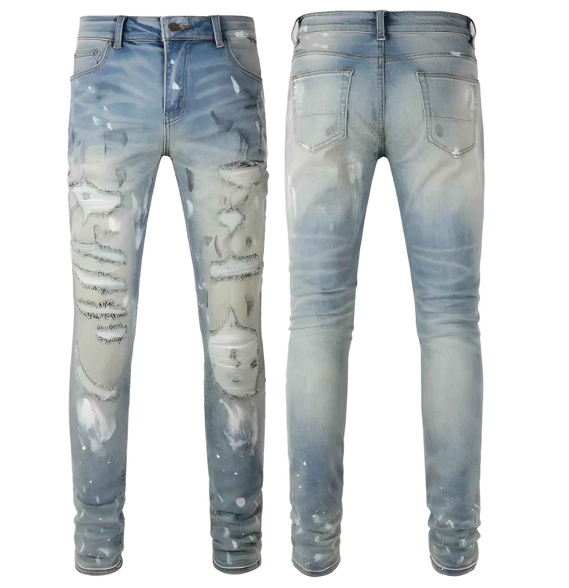 Men's patch slimming perforated leggings in light blue denim cotton, shown on model, multiple sizes available