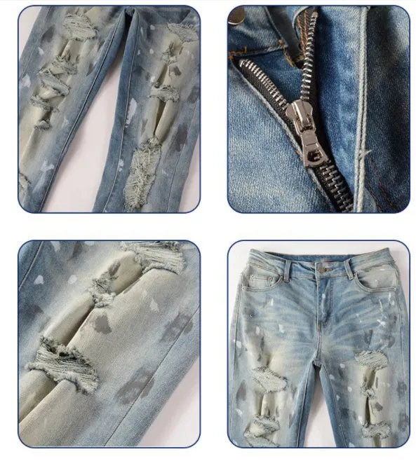 Men's patch slimming perforated leggings in light blue denim cotton, shown on model, multiple sizes available