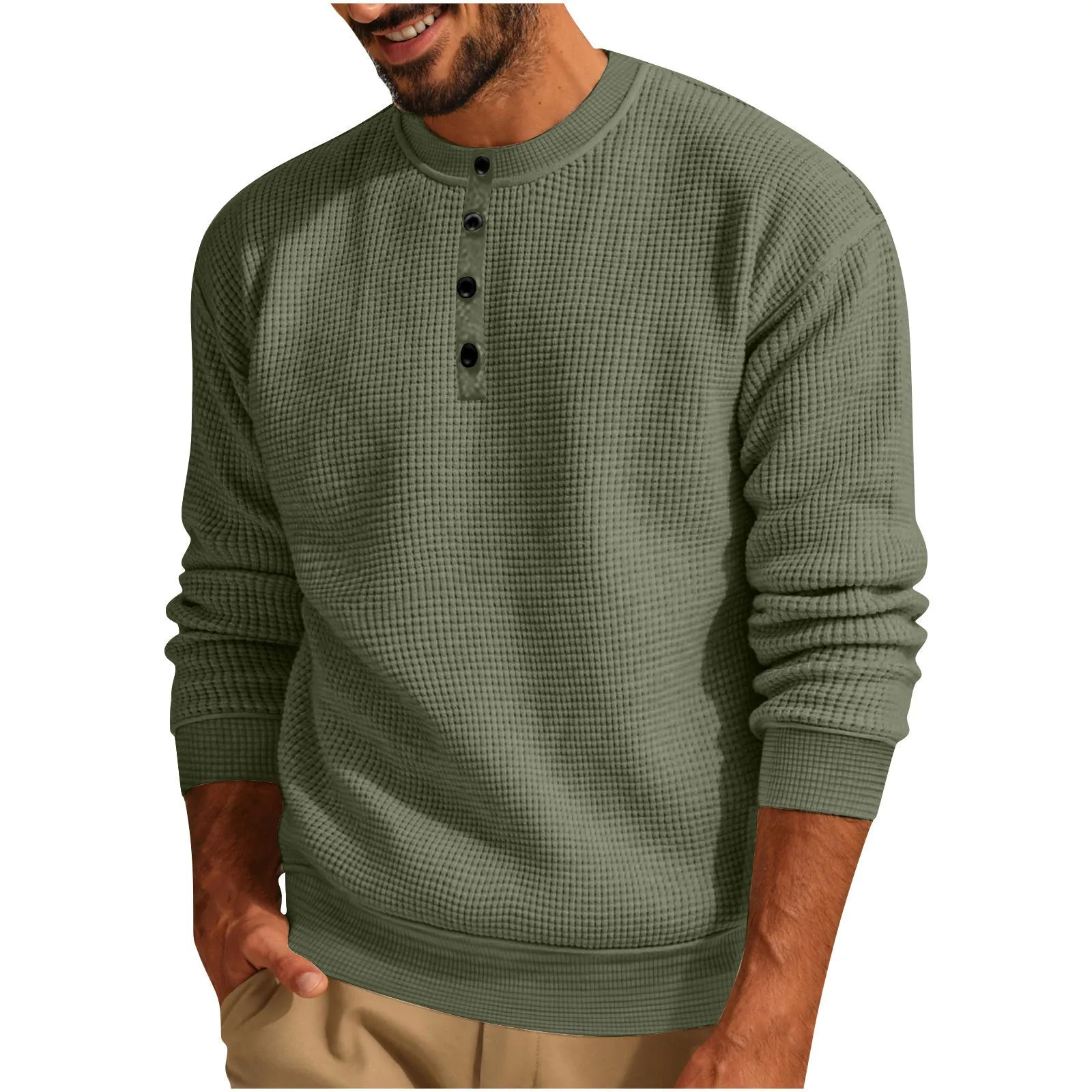 Solid colour long sleeve waffle Henley shirt for men in loose fit, shown in Black