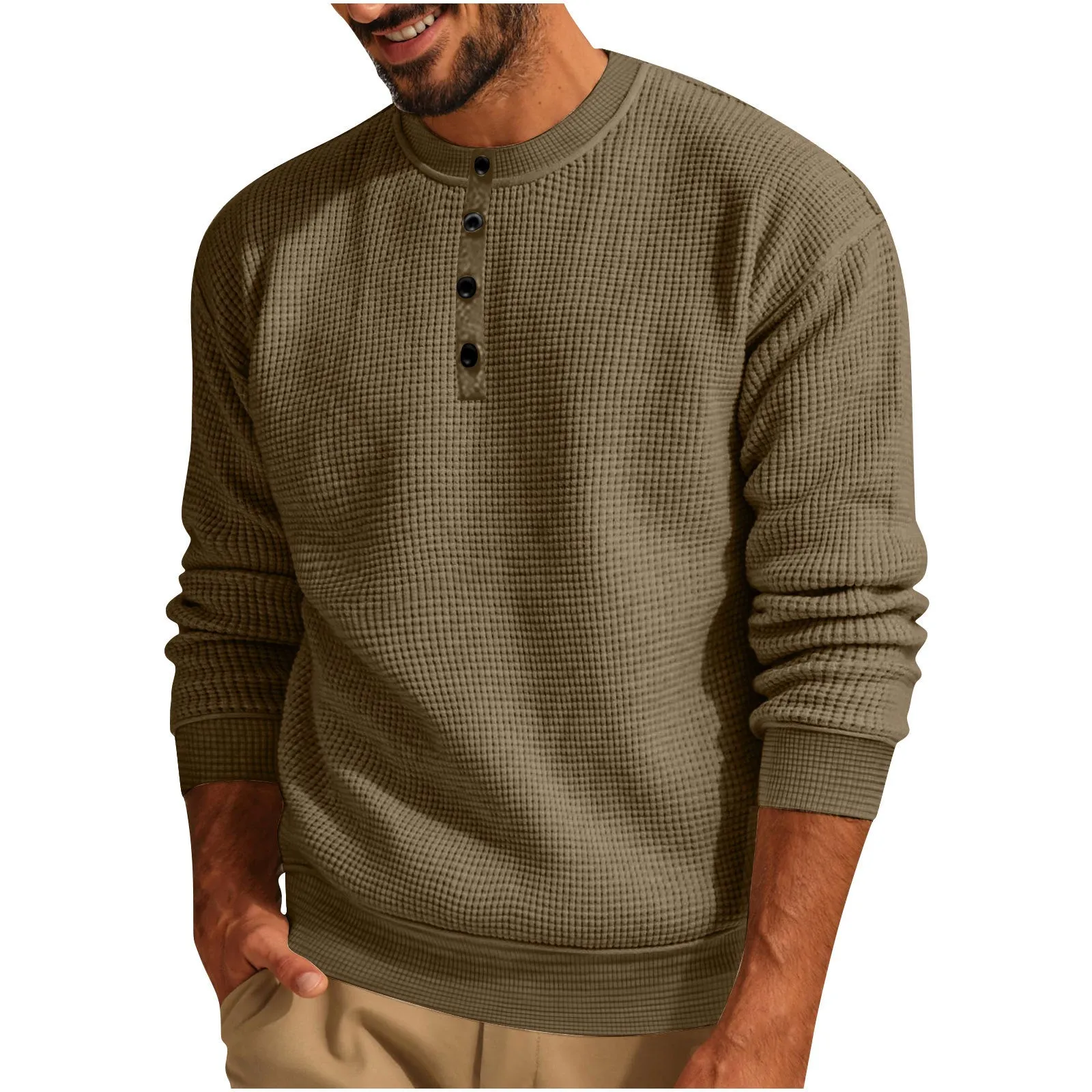 Solid colour long sleeve waffle Henley shirt for men in loose fit, shown in Black