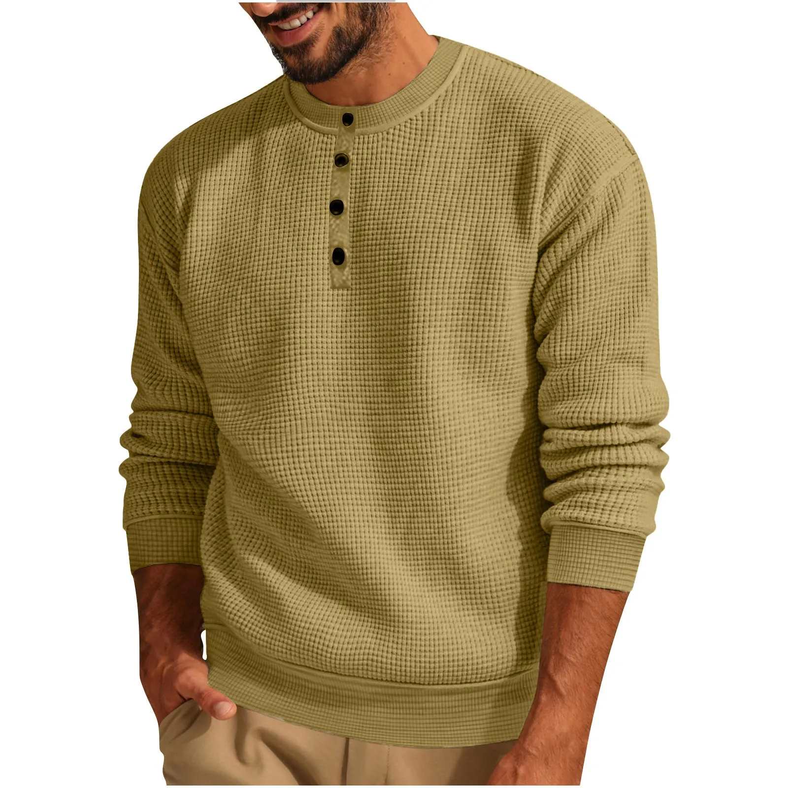 Solid colour long sleeve waffle Henley shirt for men in loose fit, shown in Black