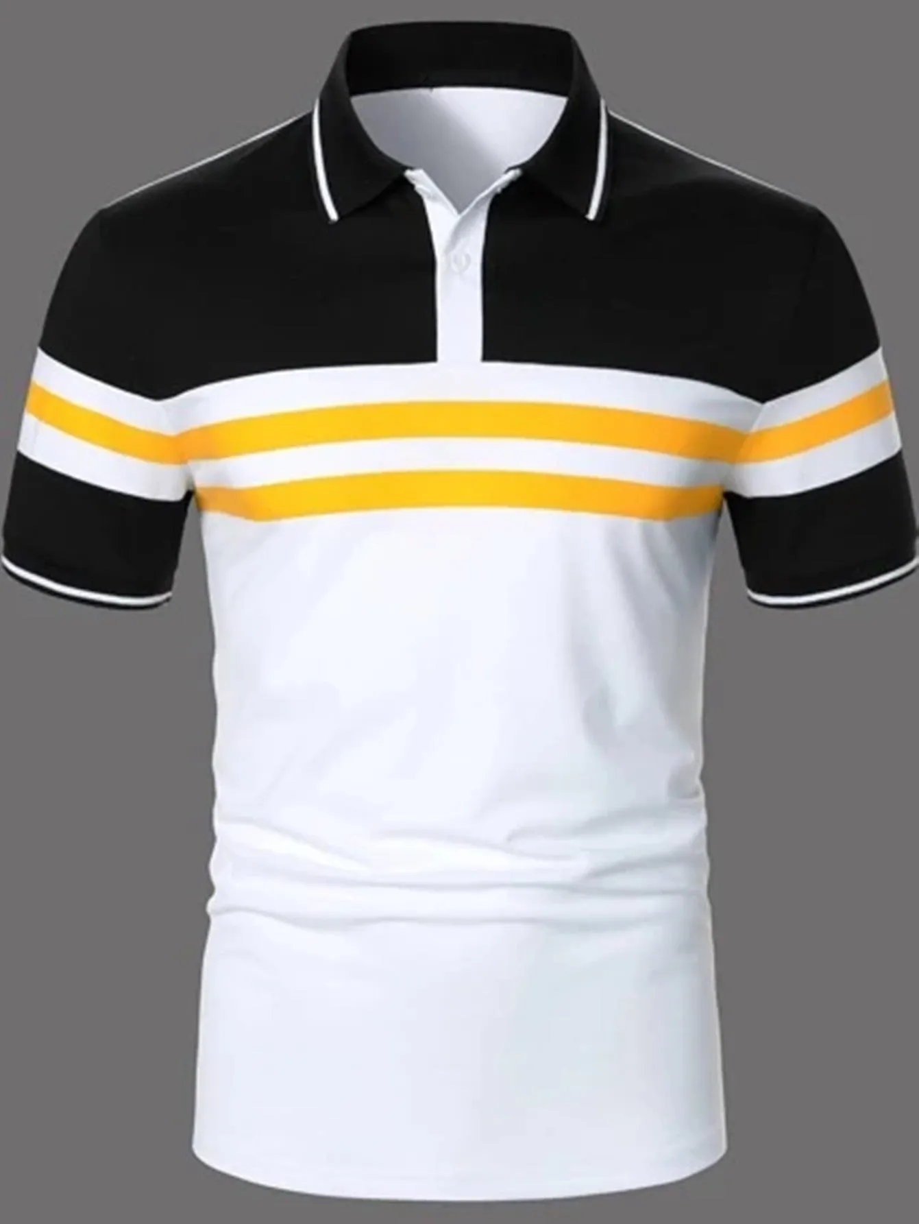Men's striped white short sleeve button polo shirt with slim fit and side slits