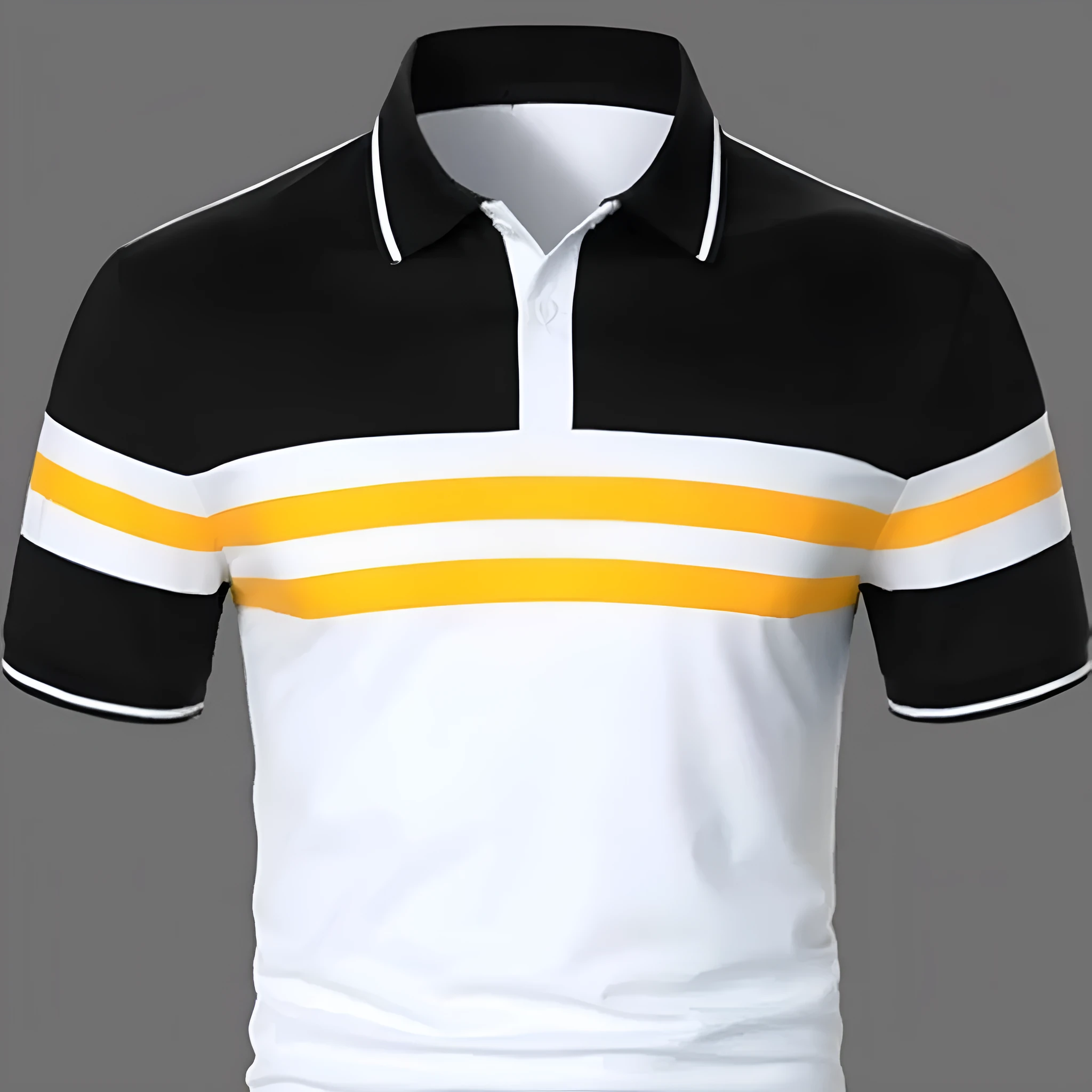 Men's striped white short sleeve button polo shirt with slim fit and side slits