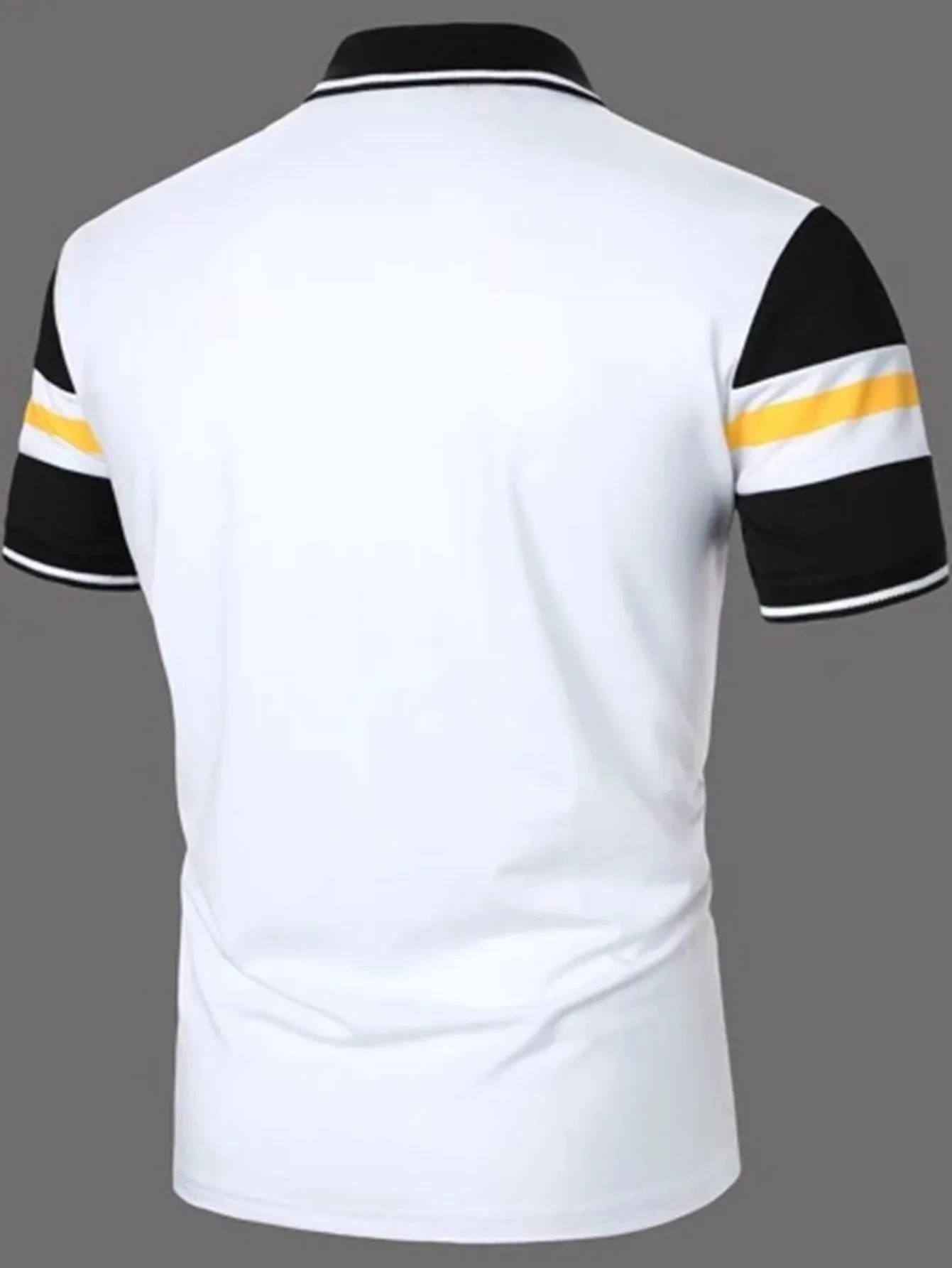 Men's striped white short sleeve button polo shirt with slim fit and side slits