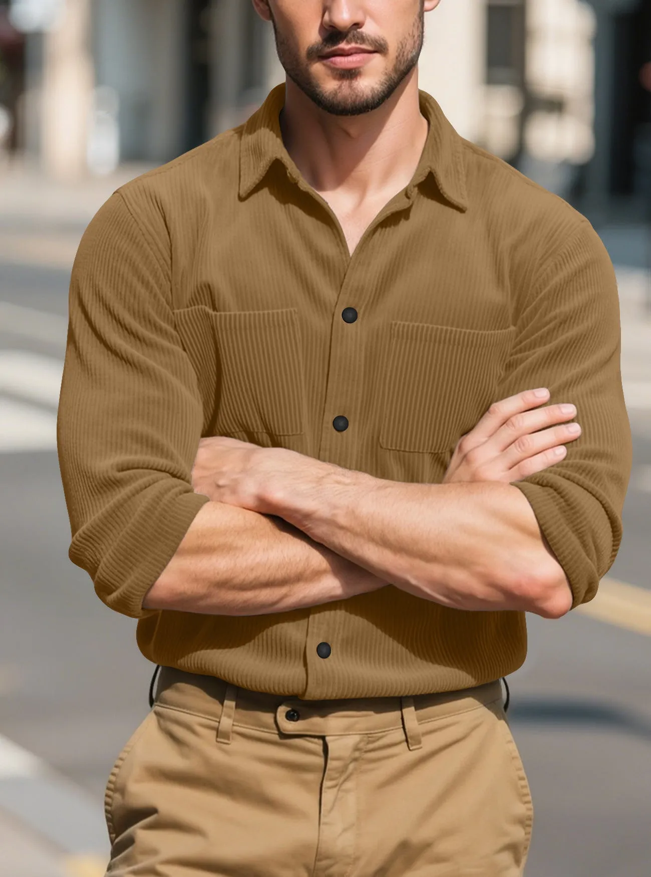 Fashion long sleeve casual lapel corduroy jacket slim fit in army green for youth
