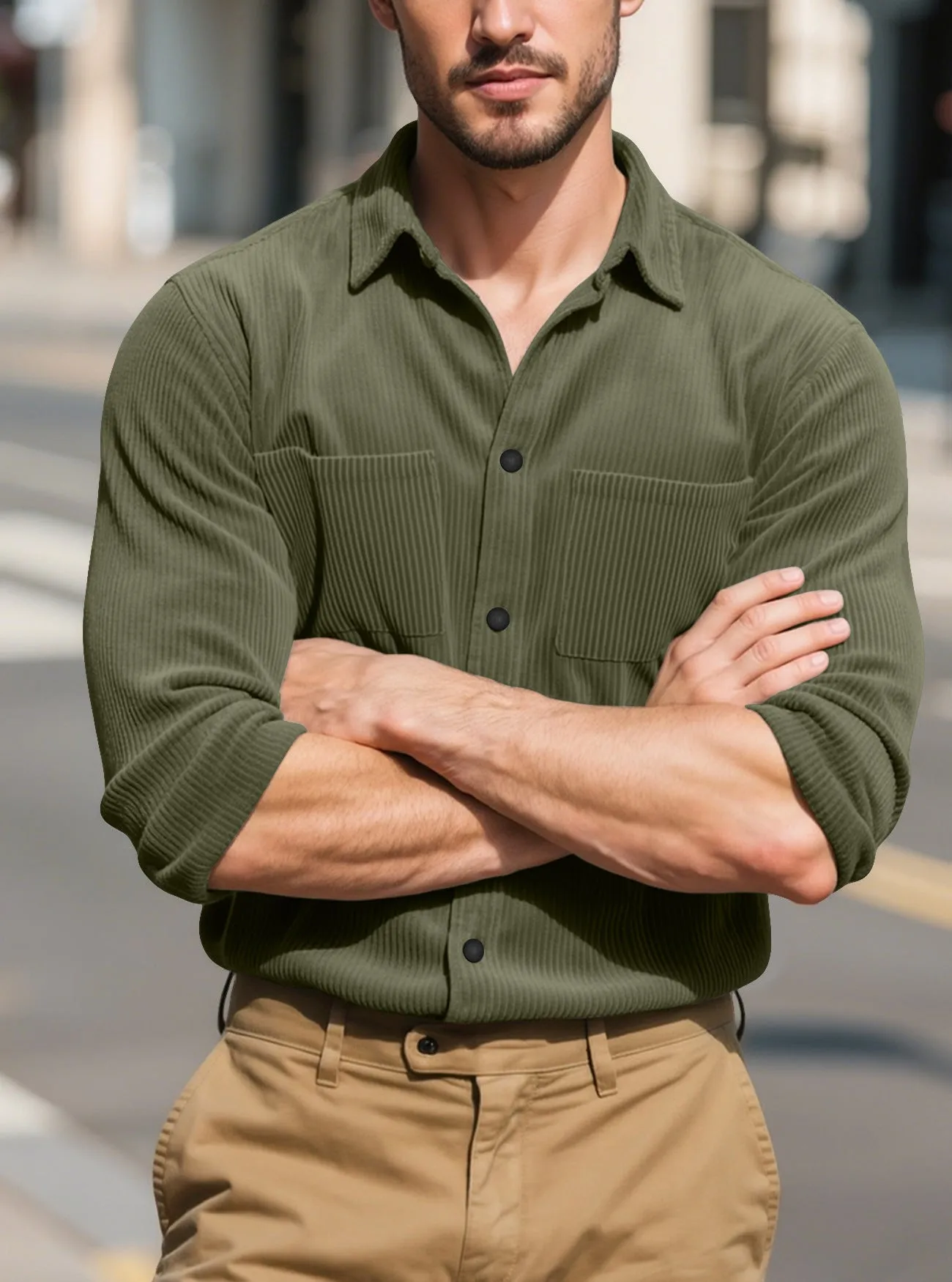 Fashion long sleeve casual lapel corduroy jacket slim fit in army green for youth