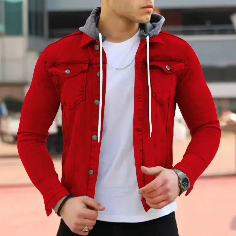 Men's slim hooded polyester coat in navy blue, full front view, with side pockets and long sleeves
