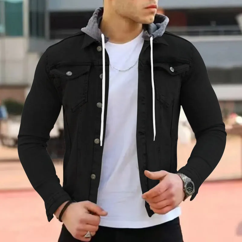 Men's slim hooded polyester coat in navy blue, full front view, with side pockets and long sleeves