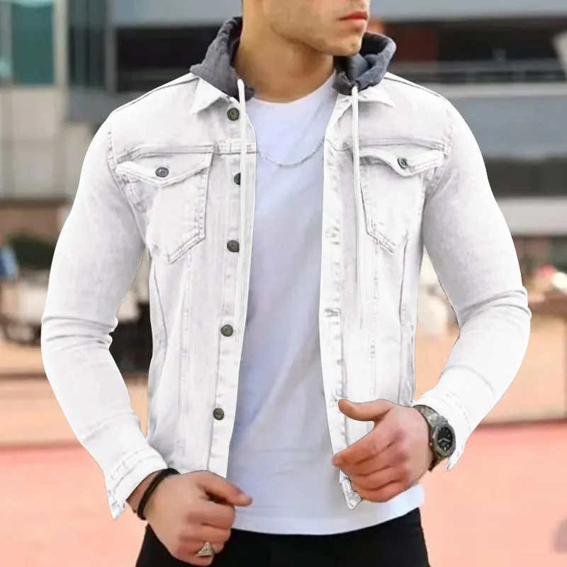 Men's slim hooded polyester coat in navy blue, full front view, with side pockets and long sleeves