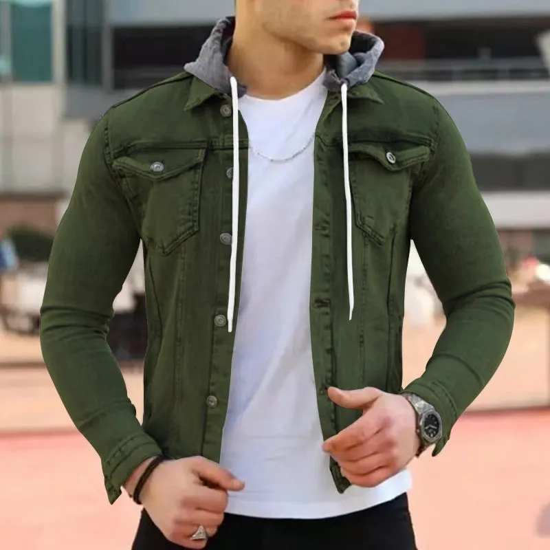 Men's slim hooded polyester coat in navy blue, full front view, with side pockets and long sleeves