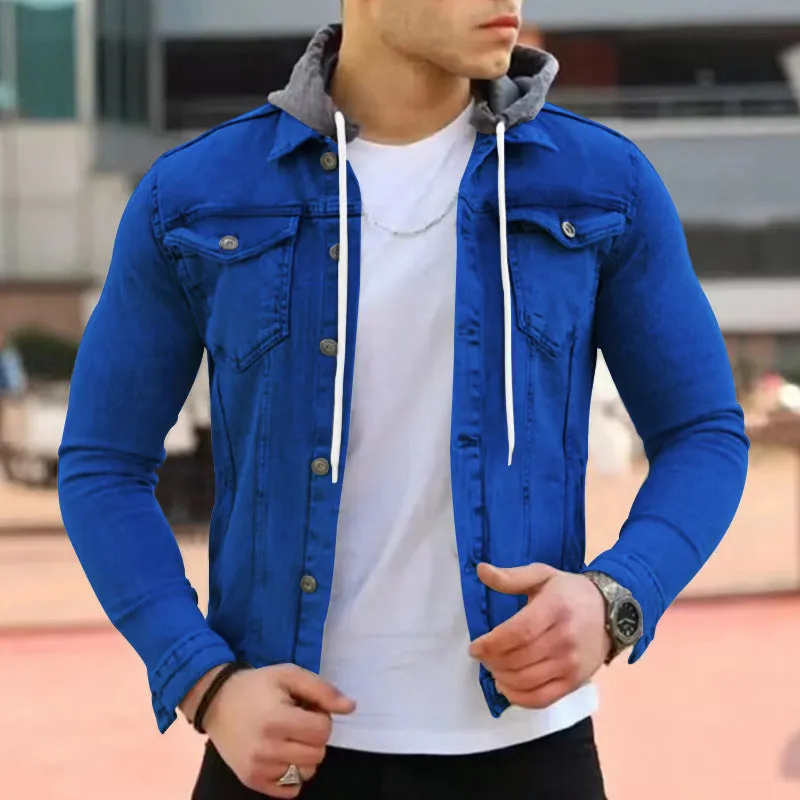 Men's slim hooded polyester coat in navy blue, full front view, with side pockets and long sleeves
