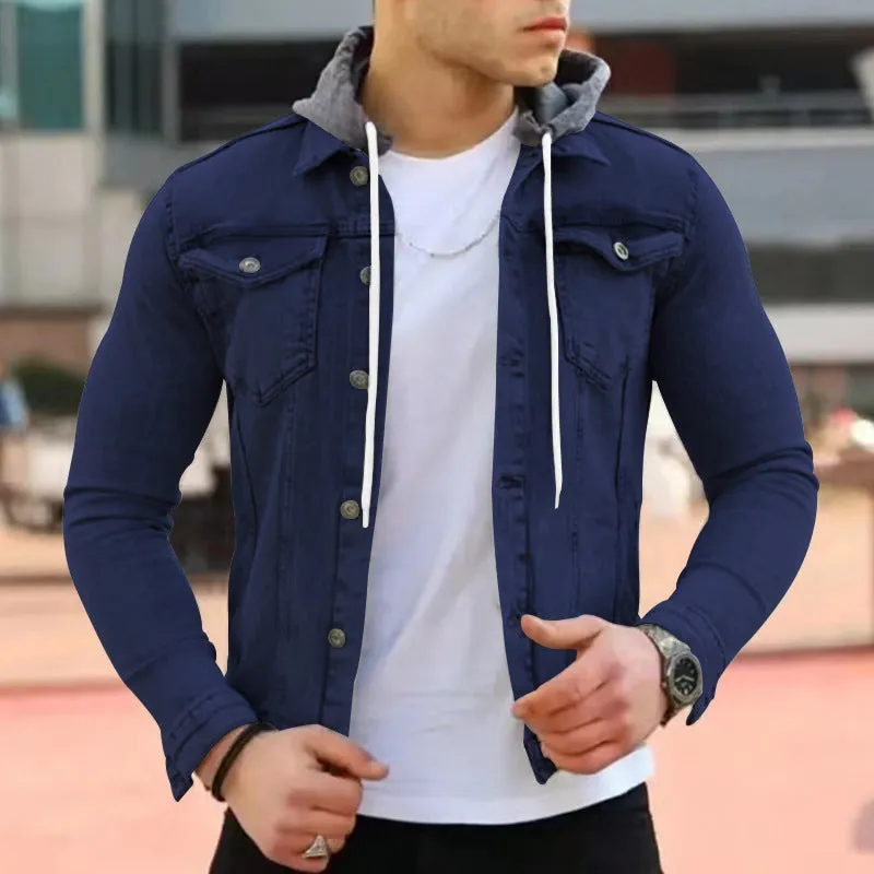 Men's slim hooded polyester coat in navy blue, full front view, with side pockets and long sleeves
