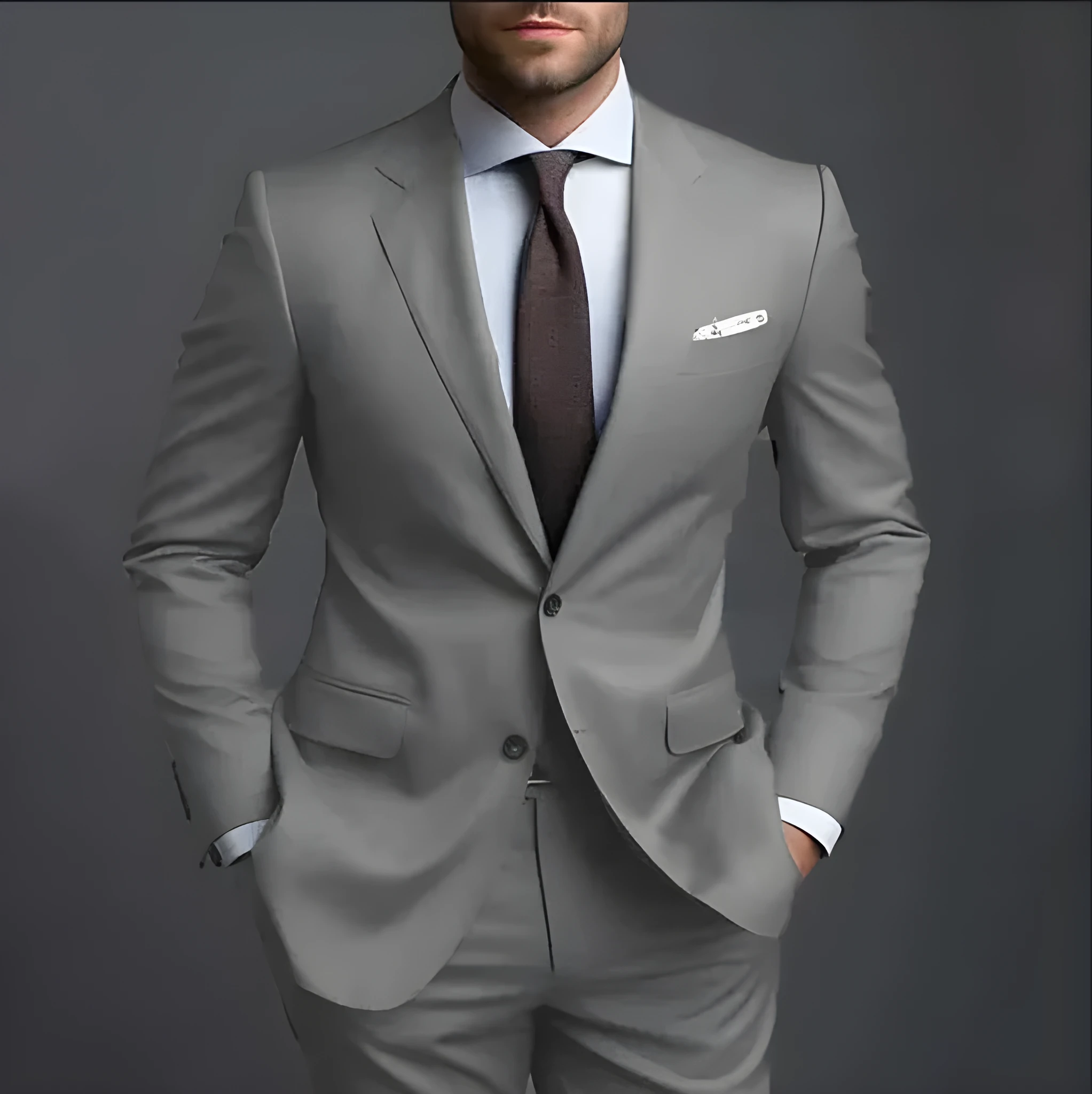 Business casual men's slim fit two-piece suit set in blue with jacket and trousers on mannequin