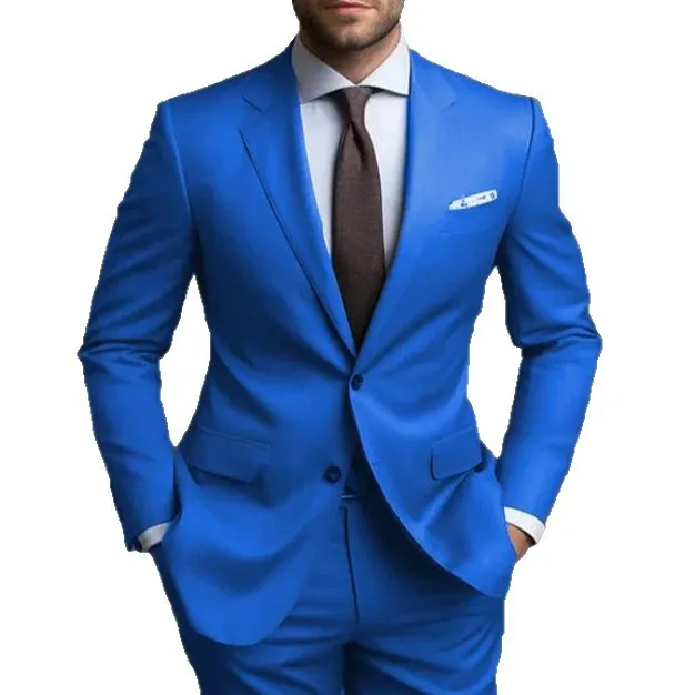 Business casual men's slim fit two-piece suit set in blue with jacket and trousers on mannequin