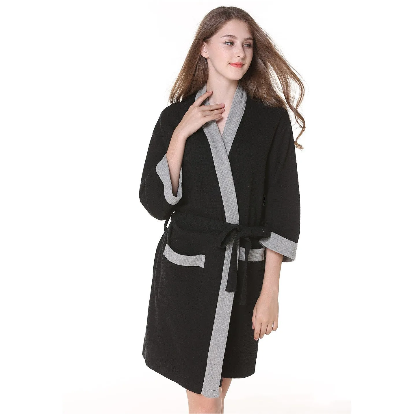 Cotton waffle robe bathrobe towel cardigan for men in gray black with long sleeves and wide brim