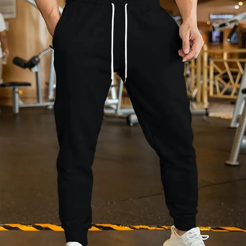Men's polyester linen leisure trousers with drawstring waist and elasticated calf in loose fit design