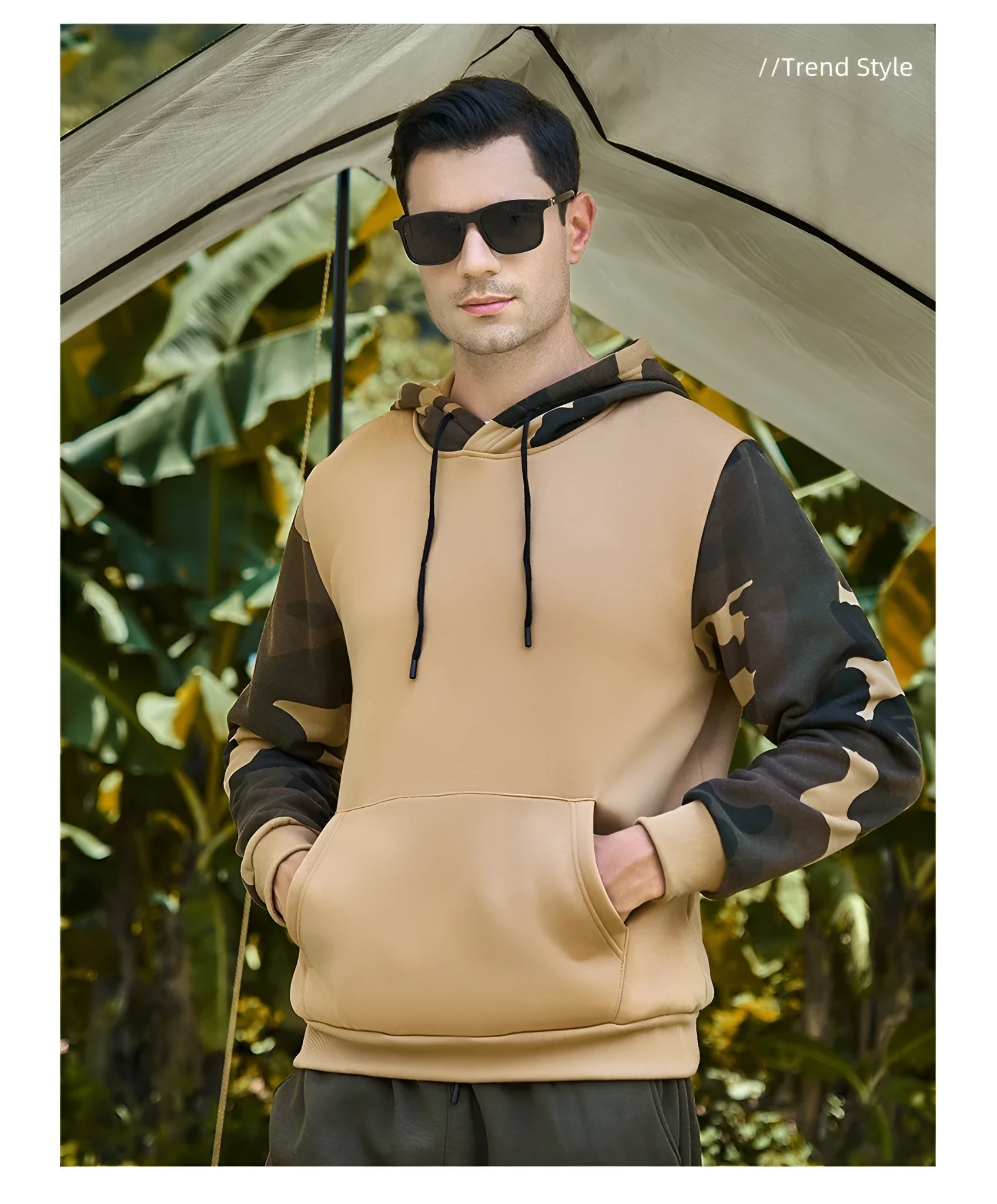 Men's casual camouflage colour block hooded sweater in polyester with black trim, front view