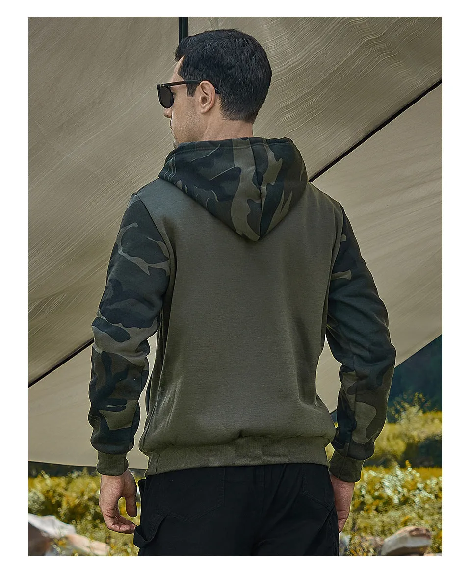 Men's casual camouflage colour block hooded sweater in polyester with black trim, front view