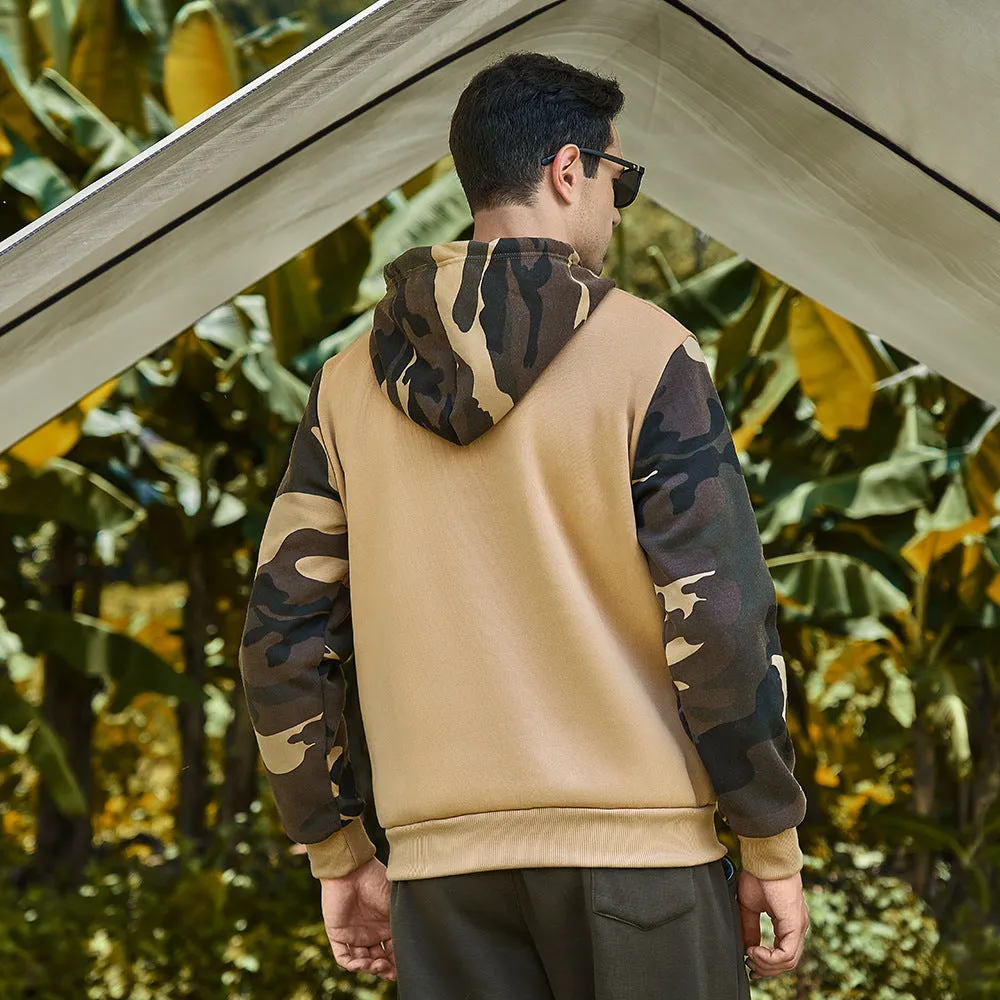 Men's casual camouflage colour block hooded sweater in polyester with black trim, front view