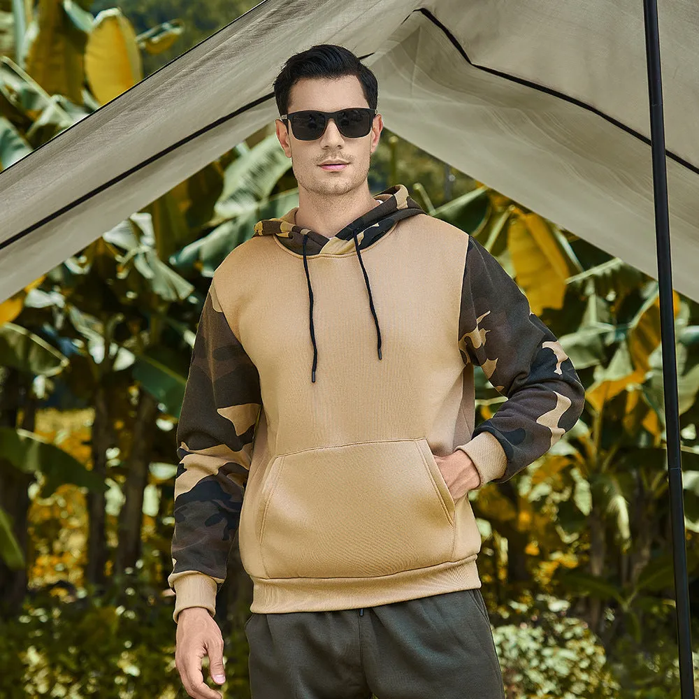 Men's casual camouflage colour block hooded sweater in polyester with black trim, front view