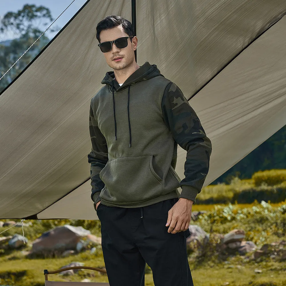 Men's casual camouflage colour block hooded sweater in polyester with black trim, front view
