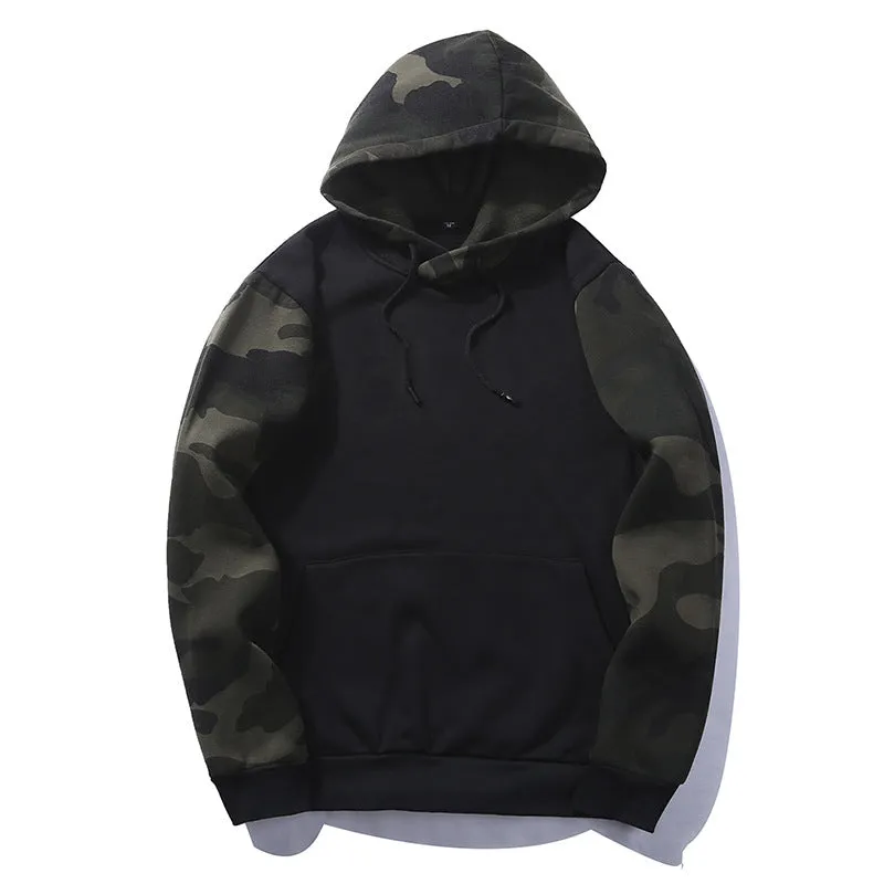 Men's casual camouflage colour block hooded sweater in polyester with black trim, front view
