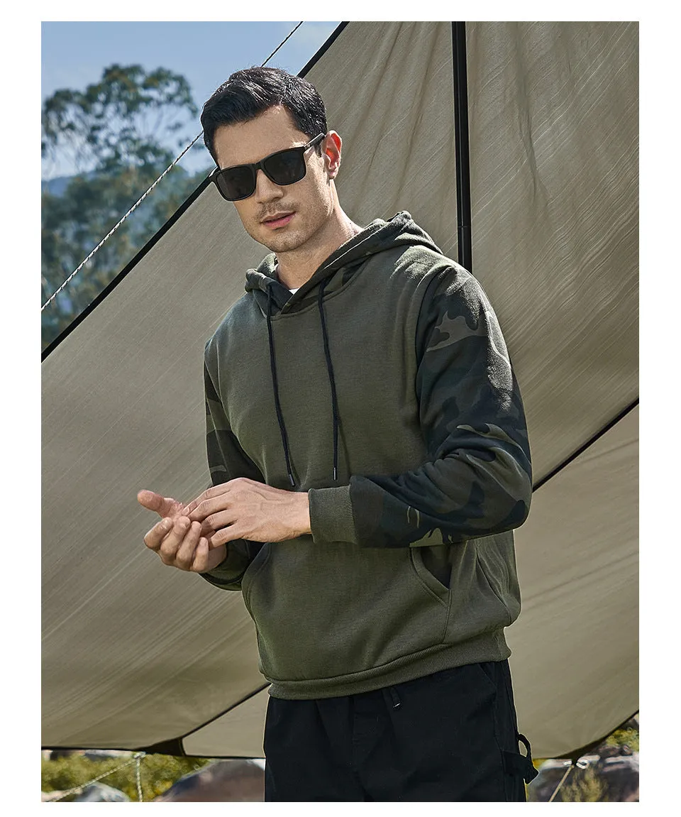 Men's casual camouflage colour block hooded sweater in polyester with black trim, front view