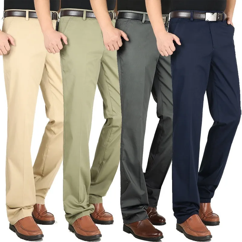 Men's elastic cotton high waisted loose trousers in khaki yellow, front view