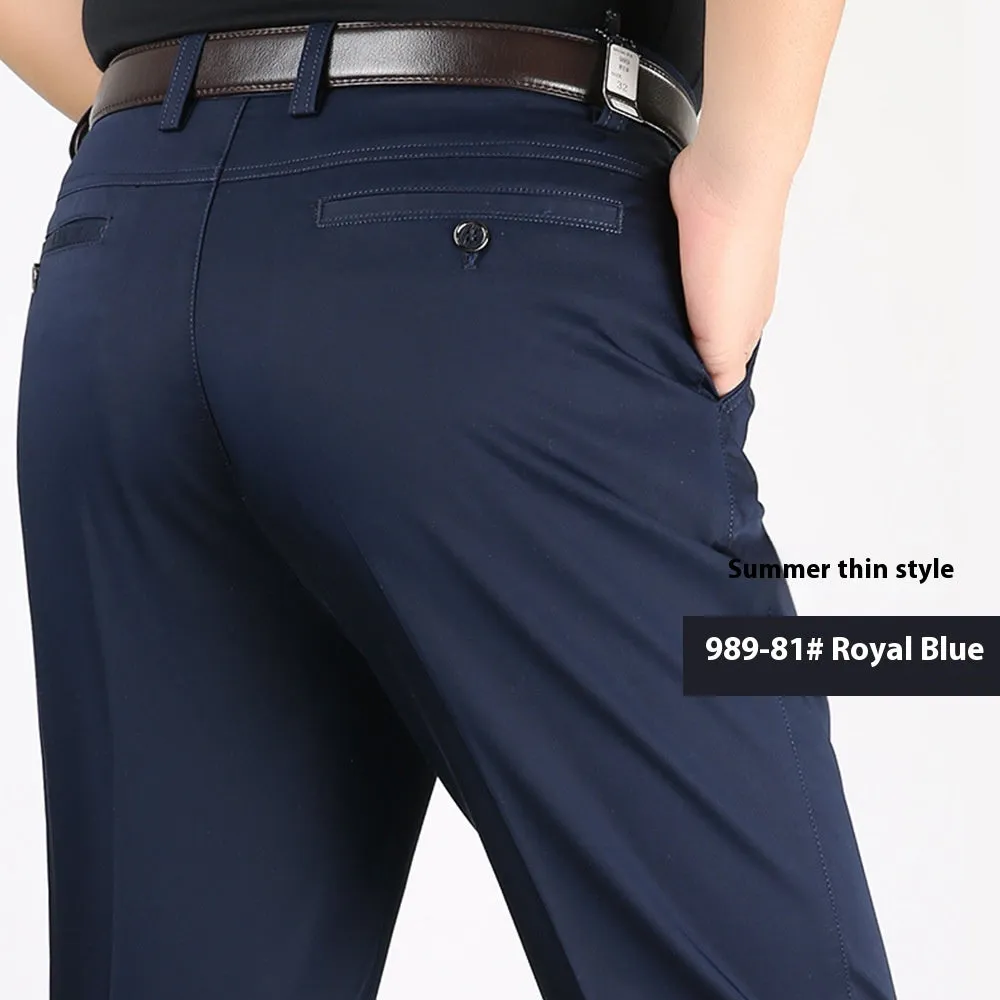 Men's elastic cotton high waisted loose trousers in khaki yellow, front view