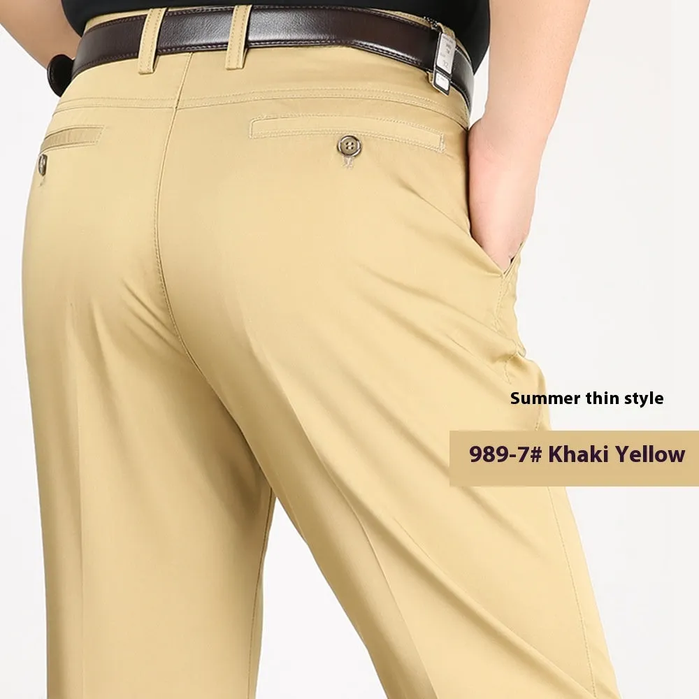 Men's elastic cotton high waisted loose trousers in khaki yellow, front view