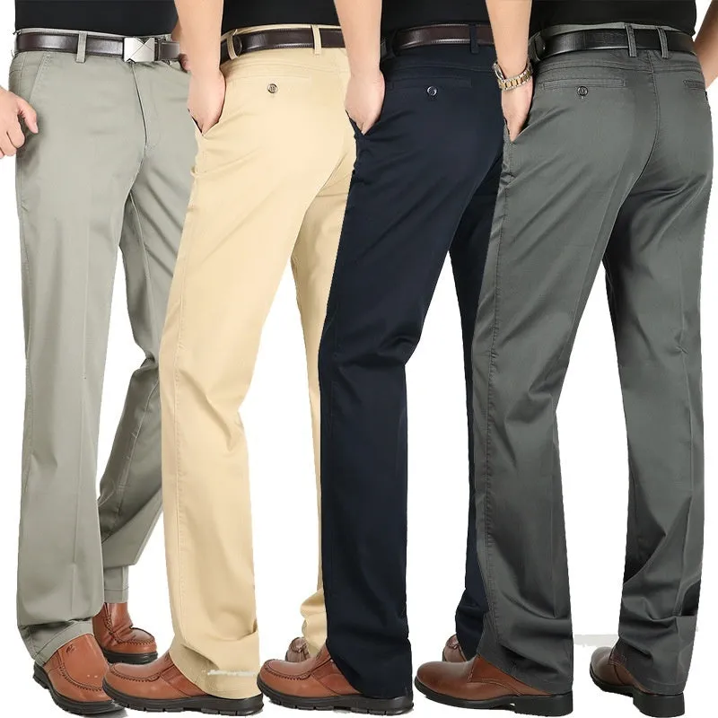 Men's elastic cotton high waisted loose trousers in khaki yellow, front view