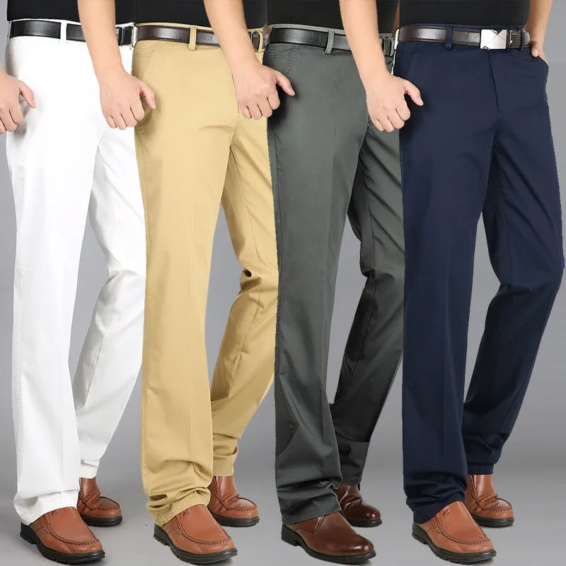 Men's elastic cotton high waisted loose trousers in khaki yellow, front view