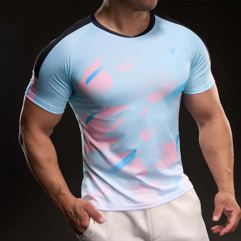 Men's blue and white ice silk quick-dry polyester short sleeve T-shirt for running and fitness, regular fit, sizes M-4XL